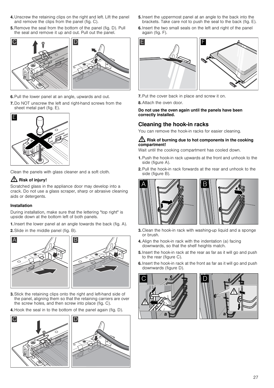 Pull the lower panel at an angle, upwards and out, Risk of injury, Installation | Slide in the middle panel (fig. b), Put the cover back in place and screw it on, Attach the oven door, Cleaning the hook-in racks | Neff B16P52N3GB User Manual | Page 27 / 32