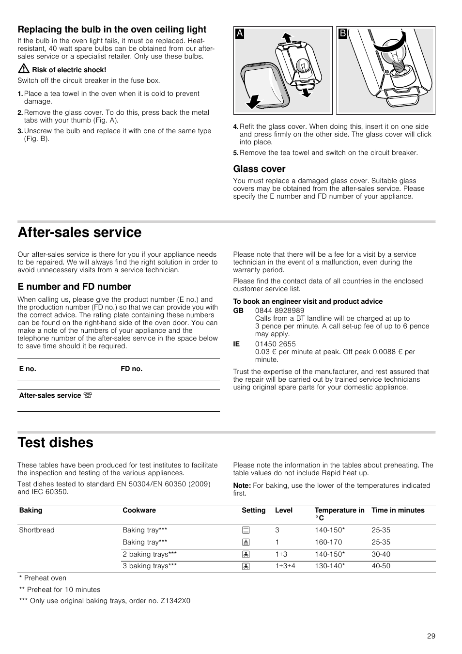 Replacing the bulb in the oven ceiling light, Risk of electric shock, Glass cover | After-sales service, E number and fd number, To book an engineer visit and product advice, Test dishes, Note | Neff B16P52N3GB User Manual | Page 29 / 32