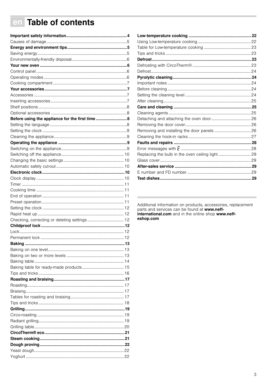 Ú table of contents[en]instruction manual, Energy and environment tips 5, Your new oven 6 | Your accessories 7, Before using the appliance for the first time 8, Operating the appliance 9, Electronic clock 10, Childproof lock 12, Baking 13, Roasting and braising 17 | Neff B16P52N3GB User Manual | Page 3 / 32