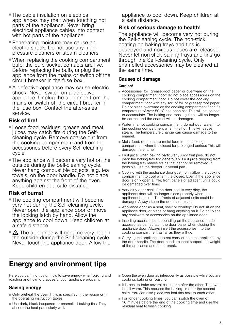Risk of electric shock, Risk of fire, Risk of burns | Risk of serious damage to health, Causes of damage, Caution, Energy and environment tips, Saving energy | Neff B16P52N3GB User Manual | Page 5 / 32