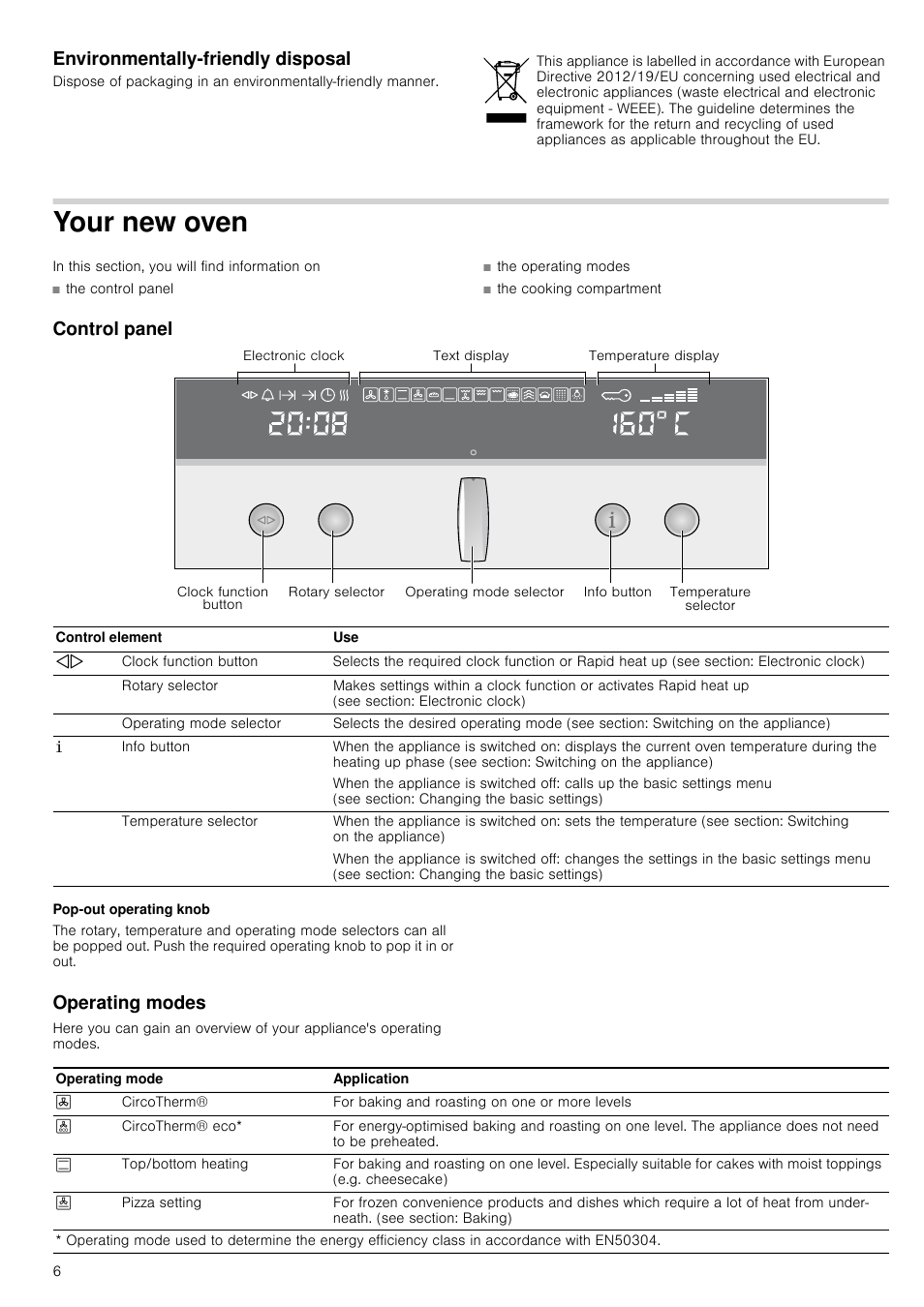 Environmentally-friendly disposal, Your new oven, In this section, you will find information on | Control panel, Pop-out operating knob, Operating modes | Neff B16P52N3GB User Manual | Page 6 / 32