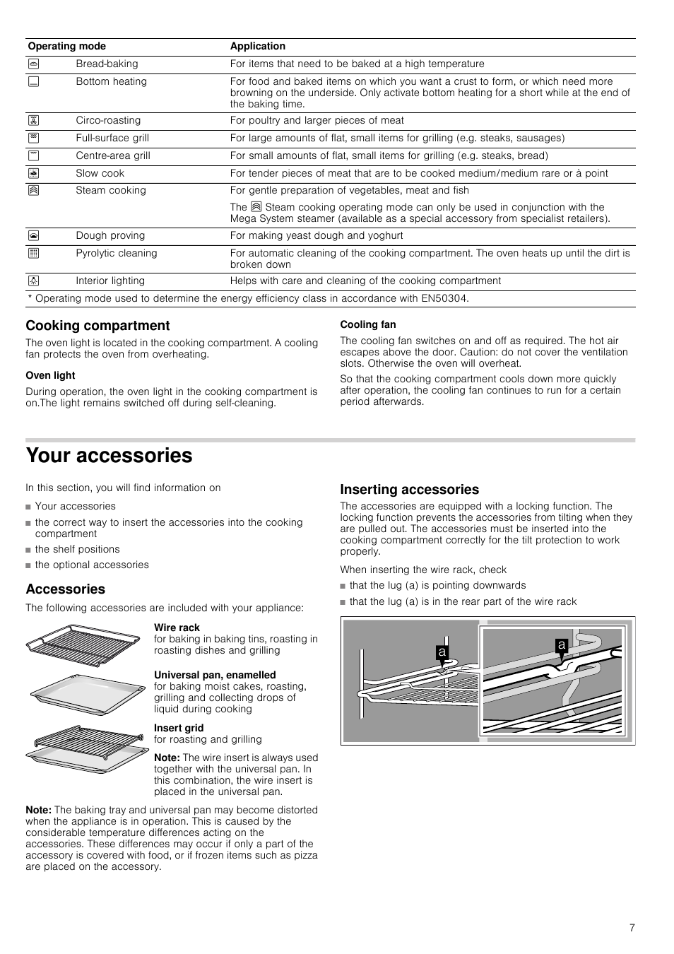 Cooking compartment, Oven light, Cooling fan | Your accessories, Accessories, Note, Inserting accessories, When inserting the wire rack, check | Neff B16P52N3GB User Manual | Page 7 / 32