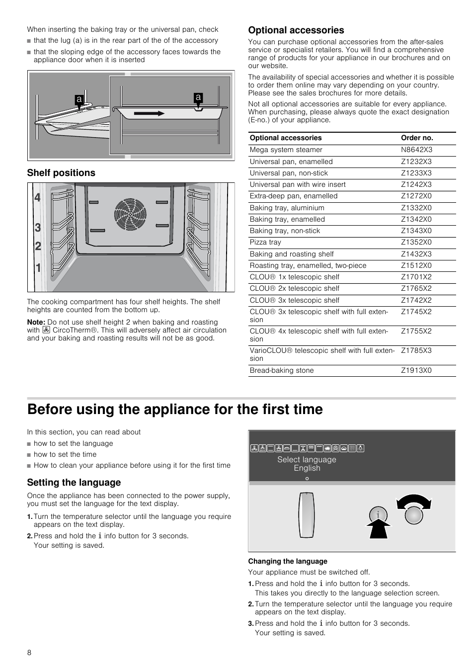 Shelf positions, Note, Optional accessories | Before using the appliance for the first time, In this section, you can read about, Setting the language, Press and hold the ± info button for 3 seconds, Changing the language | Neff B16P52N3GB User Manual | Page 8 / 32