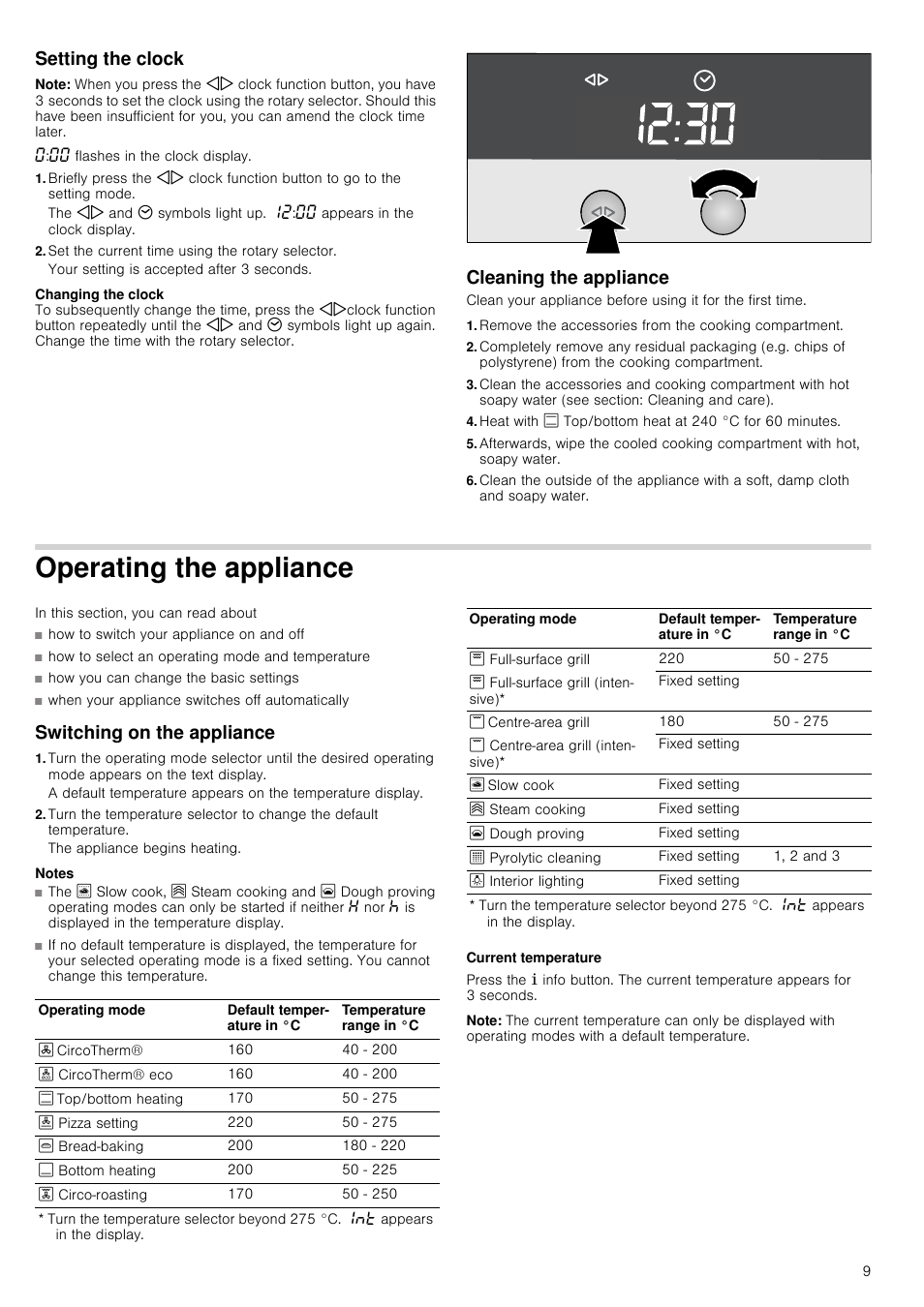 Setting the clock, Note, Set the current time using the rotary selector | Cleaning the appliance, Operating the appliance, In this section, you can read about, Switching on the appliance, Notes, Current temperature | Neff B16P52N3GB User Manual | Page 9 / 32