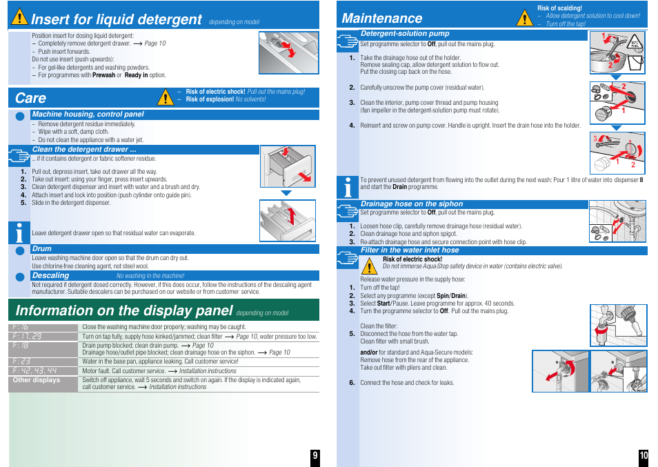 ʑ ʑ ʑ ʑ, Insert for liquid detergent, Care | Information on the display panel, Maintenance | Neff W5440X1GB User Manual | Page 7 / 8