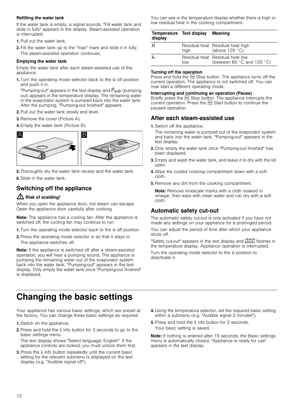 Refilling the water tank, Pull out the water tank, Emptying the water tank | Pull out the water tank slowly and level, Remove the cover (picture a), Empty the water tank (picture b), Slide in the water tank, Switching off the appliance, Risk of scalding, Note | Neff B46C74N3GB User Manual | Page 12 / 44