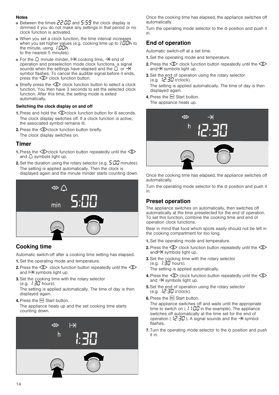 Notes, Switching the clock display on and off, Press the kjclock function button briefly | Timer, Cooking time, Set the operating mode and temperature, Press the ƒ start button, End of operation, Preset operation, Cooking time end of operation preset operation | Neff B46C74N3GB User Manual | Page 14 / 44