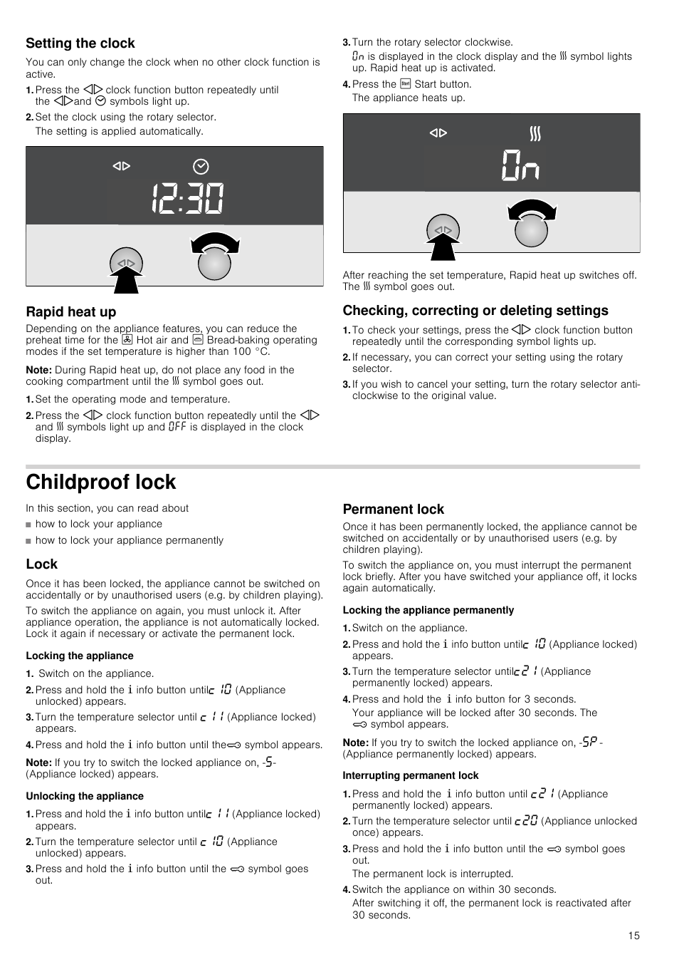Setting the clock, Set the clock using the rotary selector, Rapid heat up | Note, Set the operating mode and temperature, Turn the rotary selector clockwise, Press the ƒ start button, Checking, correcting or deleting settings, Childproof lock, Lock | Neff B46C74N3GB User Manual | Page 15 / 44