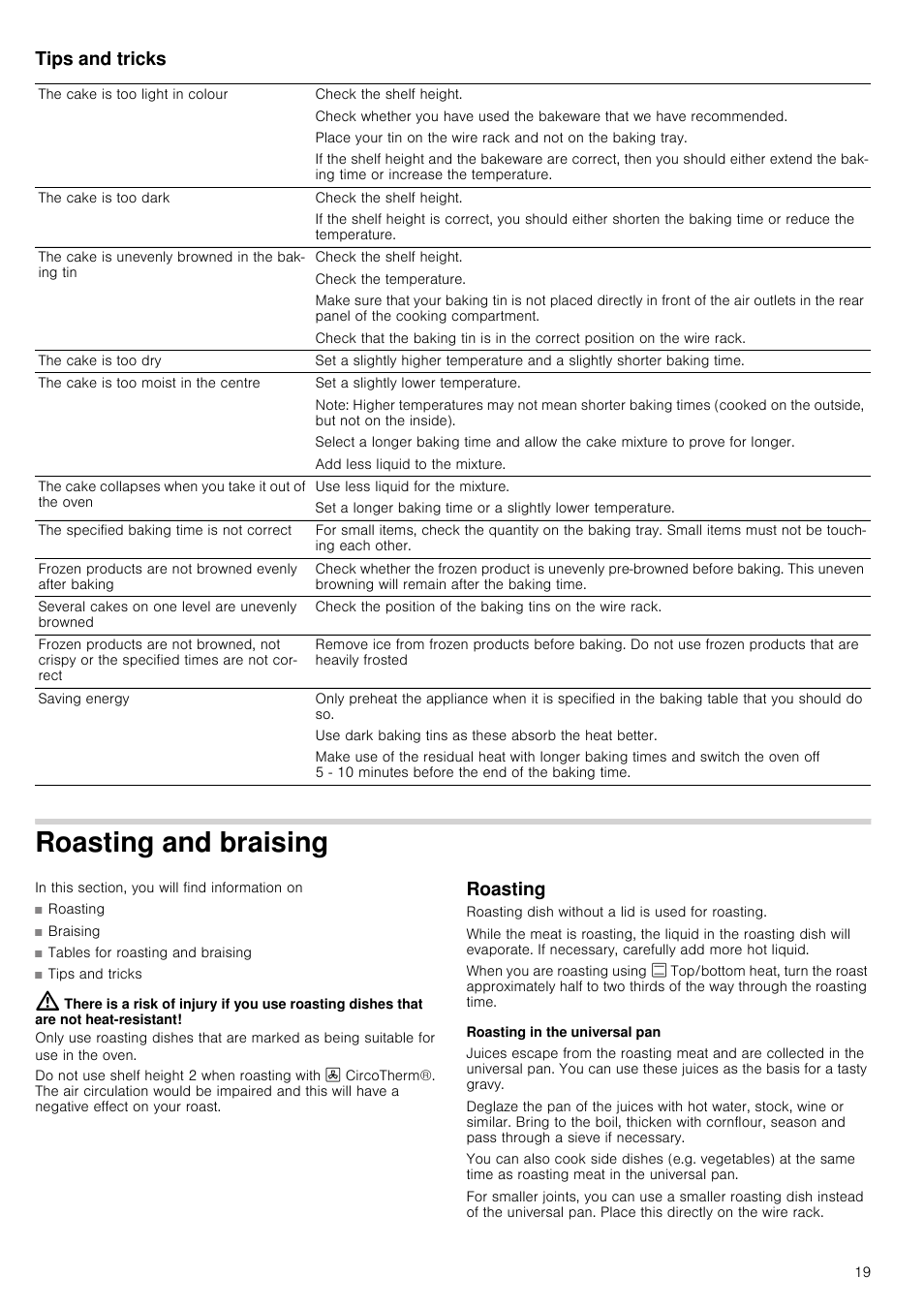 Tips and tricks, Roasting and braising, Roasting | Roasting in the universal pan | Neff B46C74N3GB User Manual | Page 19 / 44