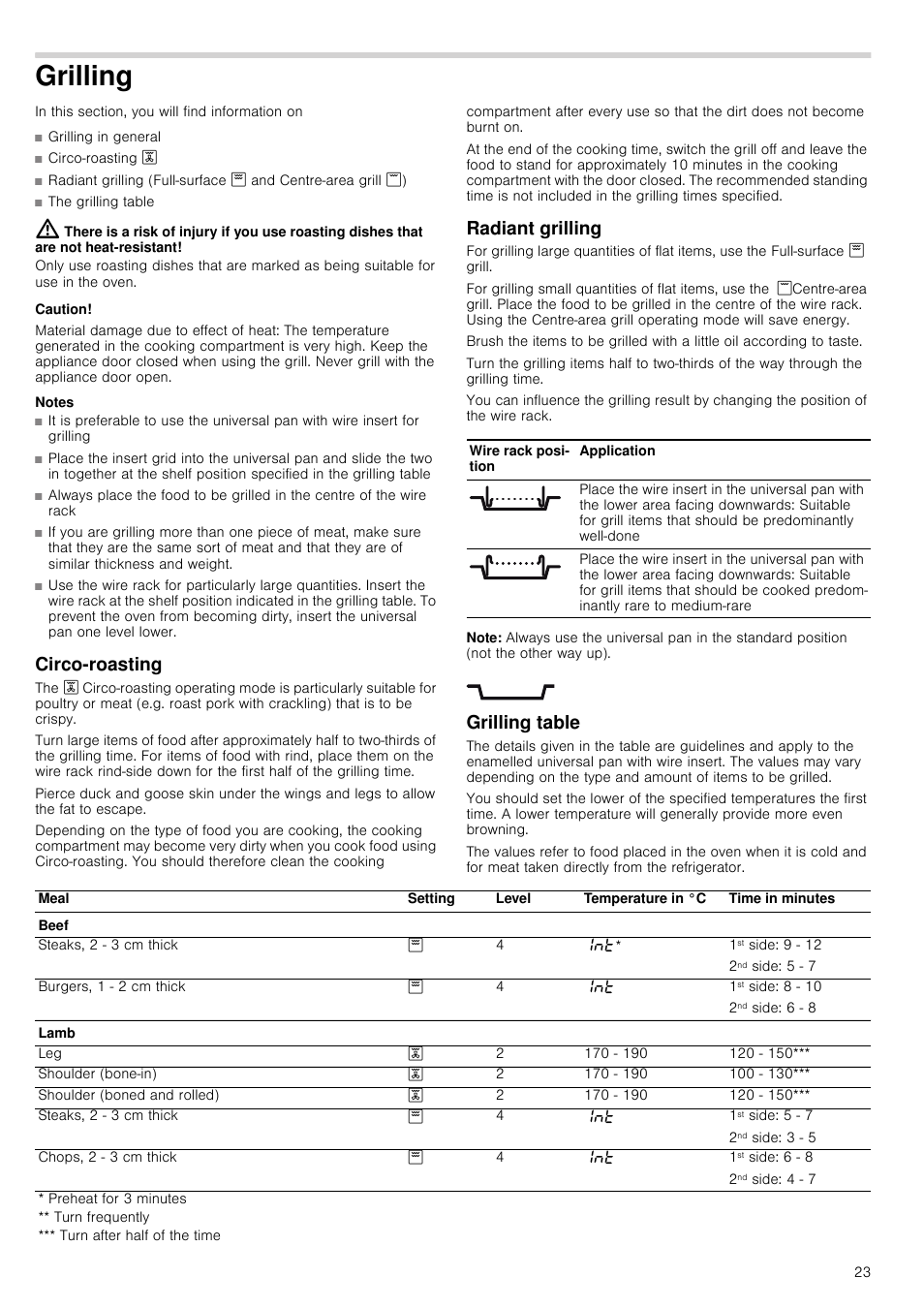 Grilling, Caution, Material damage due to effect of heat | Notes, Circo-roasting, Radiant grilling, Note, Grilling table, Illing, Radiant grilling grilling table | Neff B46C74N3GB User Manual | Page 23 / 44