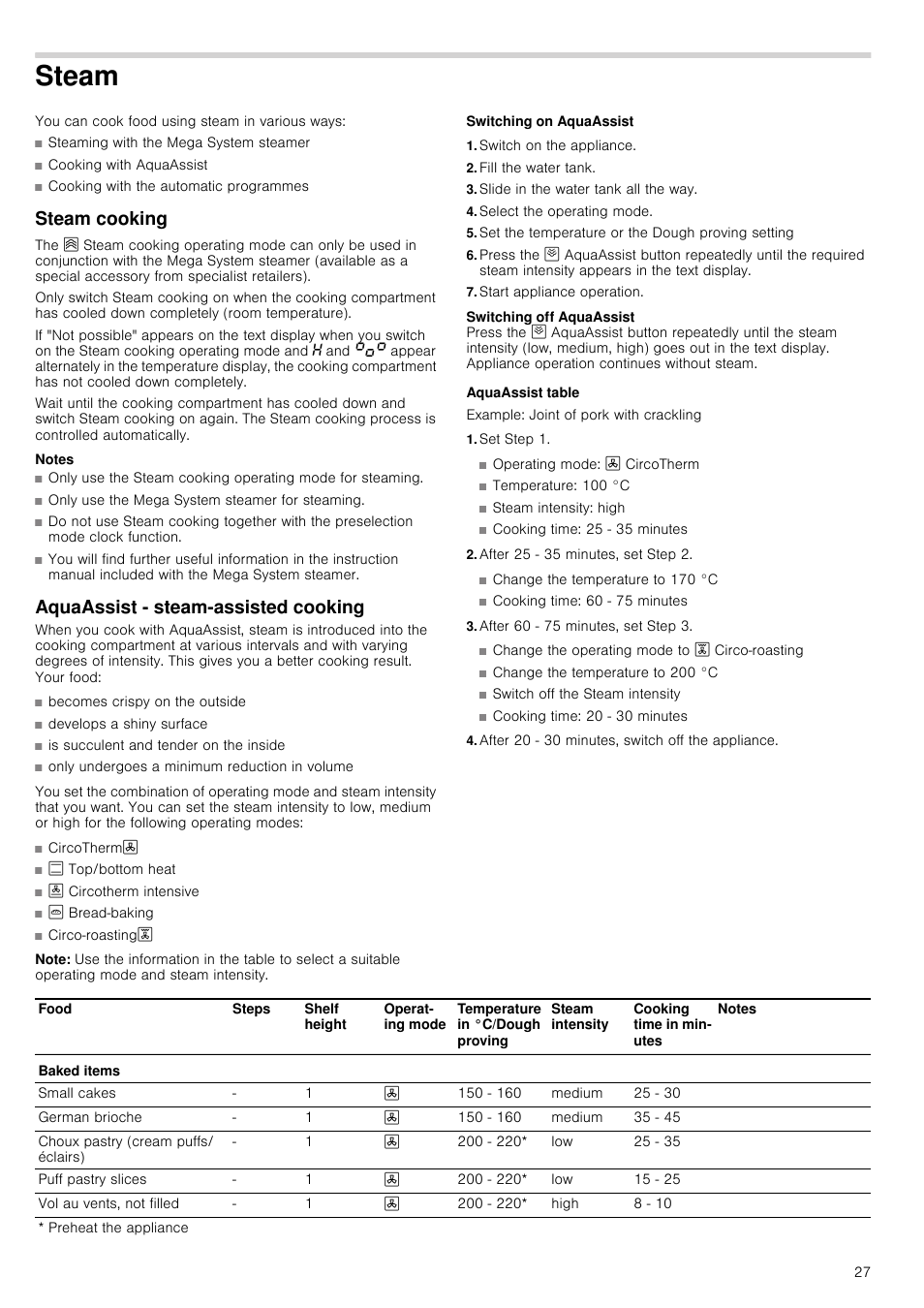 Steam, Steam cooking, Notes | Aquaassist - steam-assisted cooking, Note, Switching on aquaassist, Switch on the appliance, Fill the water tank, Slide in the water tank all the way, Select the operating mode | Neff B46C74N3GB User Manual | Page 27 / 44