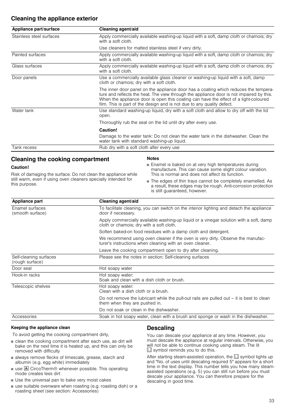 Cleaning the appliance exterior, Damage to the water tank, Cleaning the cooking compartment | Caution, Notes, Keeping the appliance clean, Descaling | Neff B46C74N3GB User Manual | Page 33 / 44