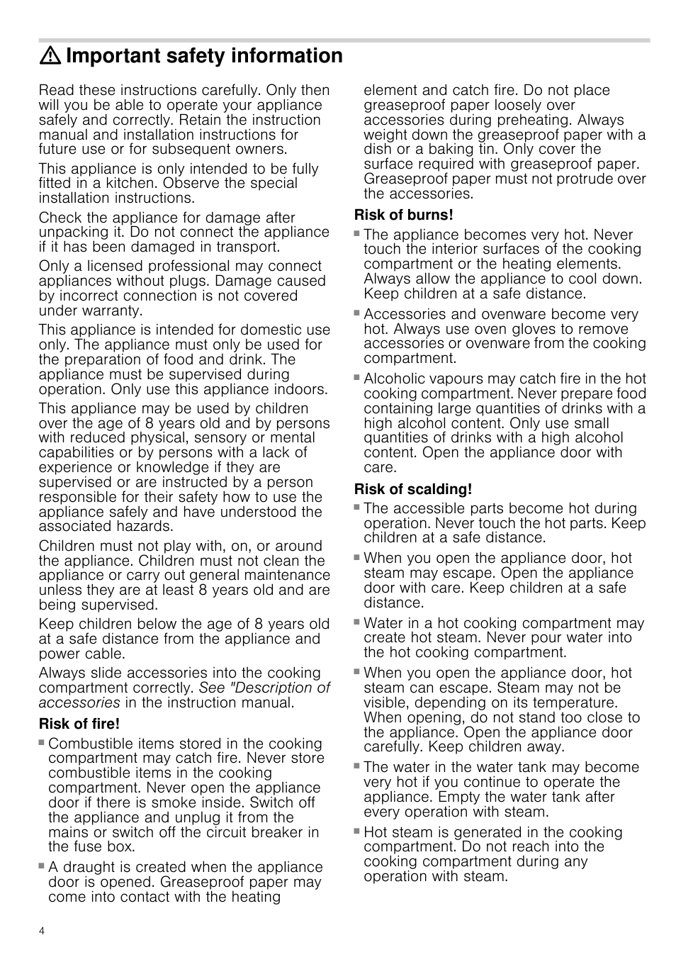 Important safety information, Risk of fire, Risk of burns | Risk of serious burns, Risk of scalding, Ormation | Neff B46C74N3GB User Manual | Page 4 / 44
