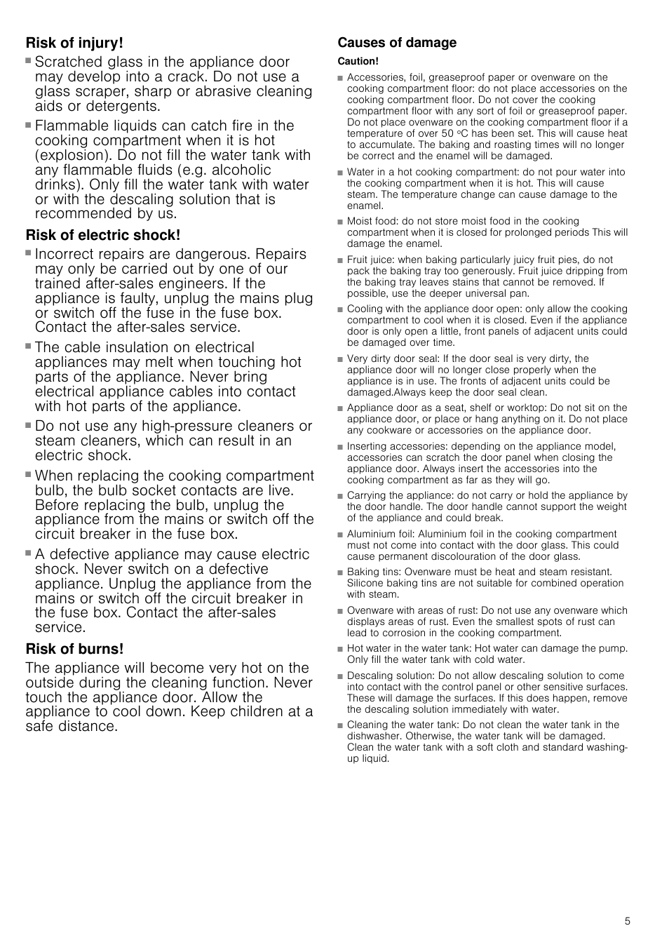 Risk of injury, Risk of injury and risk of fire, Risk of electric shock | Risk of electric shock and serious injury, Risk of burns, Causes of damage, Caution | Neff B46C74N3GB User Manual | Page 5 / 44