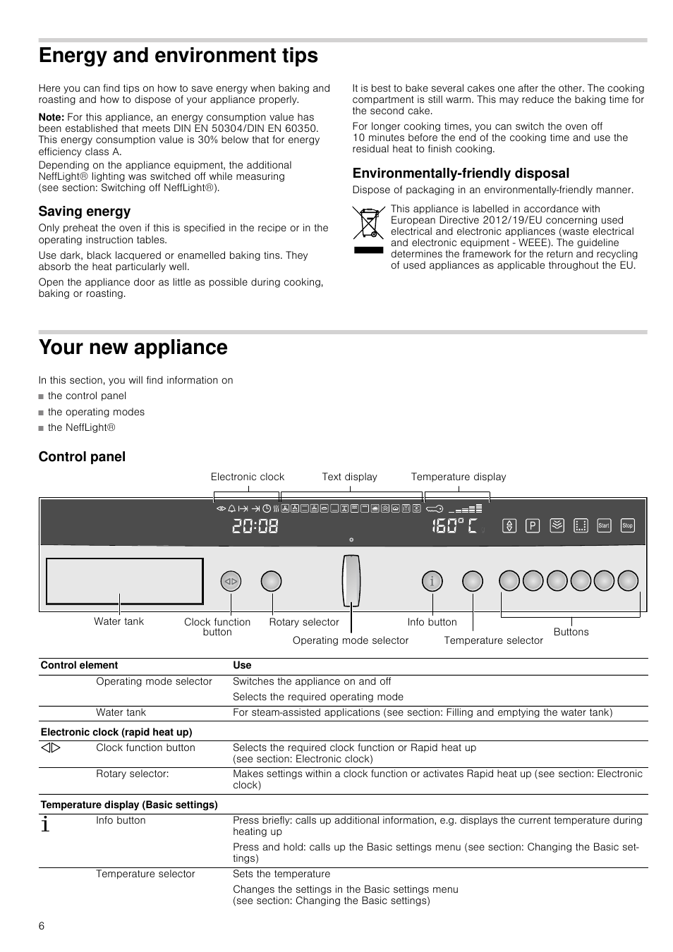 Energy and environment tips, Note, Saving energy | Environmentally-friendly disposal, Your new appliance, Control panel, Vironment tips saving energy, W appliance control panel | Neff B46C74N3GB User Manual | Page 6 / 44