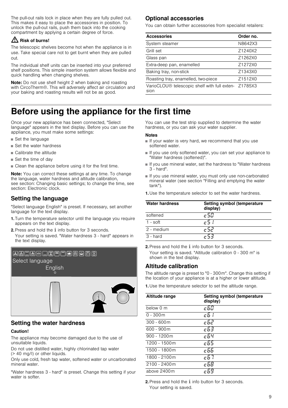 Risk of burns, Note, Optional accessories | Before using the appliance for the first time, Setting the language, Press and hold the ± info button for 3 seconds, Setting the water hardness, Caution, Notes, Altitude calibration | Neff B46C74N3GB User Manual | Page 9 / 44
