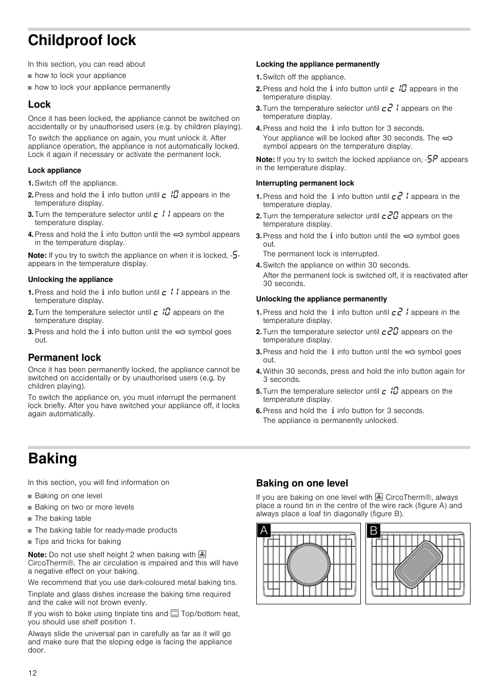 Childproof lock, Lock, Lock appliance | Switch off the appliance, Note, Unlocking the appliance, Permanent lock, Locking the appliance permanently, Press and hold the ± info button for 3 seconds, Interrupting permanent lock | Neff B45E52N3GB User Manual | Page 12 / 32