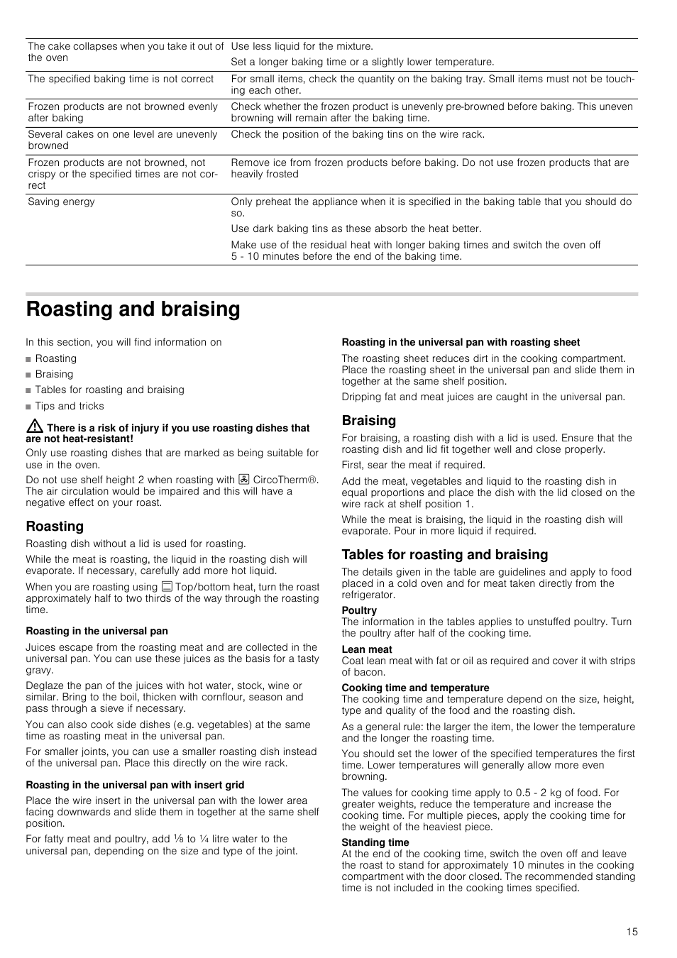 Roasting and braising, Roasting, Roasting in the universal pan | Roasting in the universal pan with insert grid, Roasting in the universal pan with roasting sheet, Braising, Tables for roasting and braising, Aising roasting | Neff B45E52N3GB User Manual | Page 15 / 32