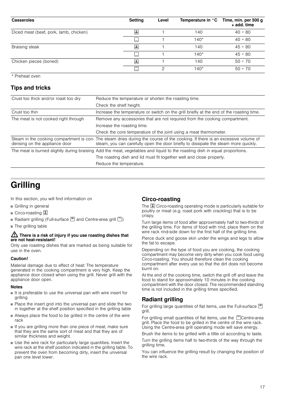 Tips and tricks, Grilling, Caution | Material damage due to effect of heat, Notes, Circo-roasting, Radiant grilling, Illing | Neff B45E52N3GB User Manual | Page 17 / 32
