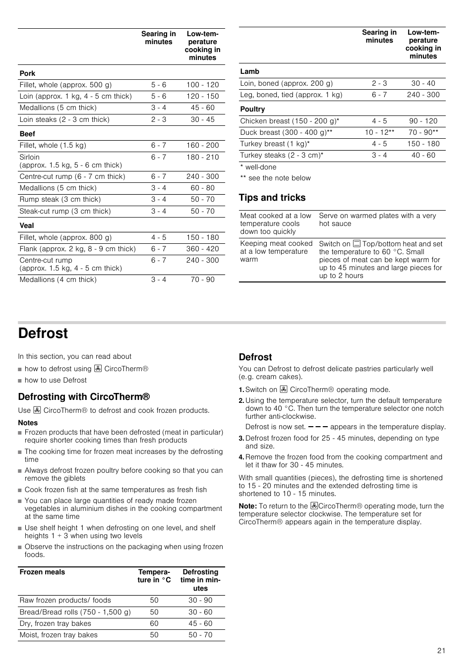 Tips and tricks, Defrost, Defrosting with circotherm | Notes, Switch on 3 circotherm® operating mode, Note, Defrost defrosting with circotherm® defrost | Neff B45E52N3GB User Manual | Page 21 / 32