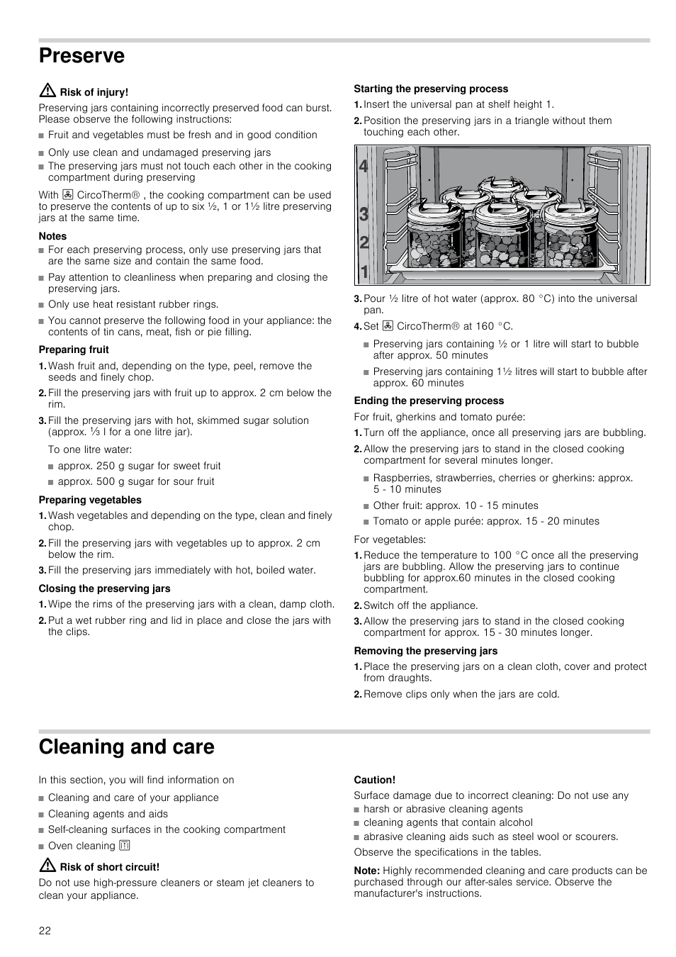Preserve, Risk of injury, Notes | Preparing fruit, Preparing vegetables, Closing the preserving jars, Starting the preserving process, Insert the universal pan at shelf height 1, Set 3 circotherm® at 160 °c, Ending the preserving process | Neff B45E52N3GB User Manual | Page 22 / 32