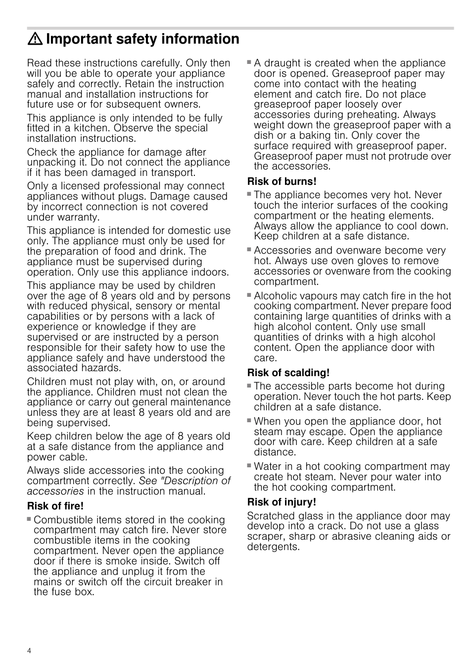 Important safety information, Risk of fire, Risk of burns | Risk of serious burns, Risk of scalding, Risk of injury, Ormation | Neff B45E52N3GB User Manual | Page 4 / 32