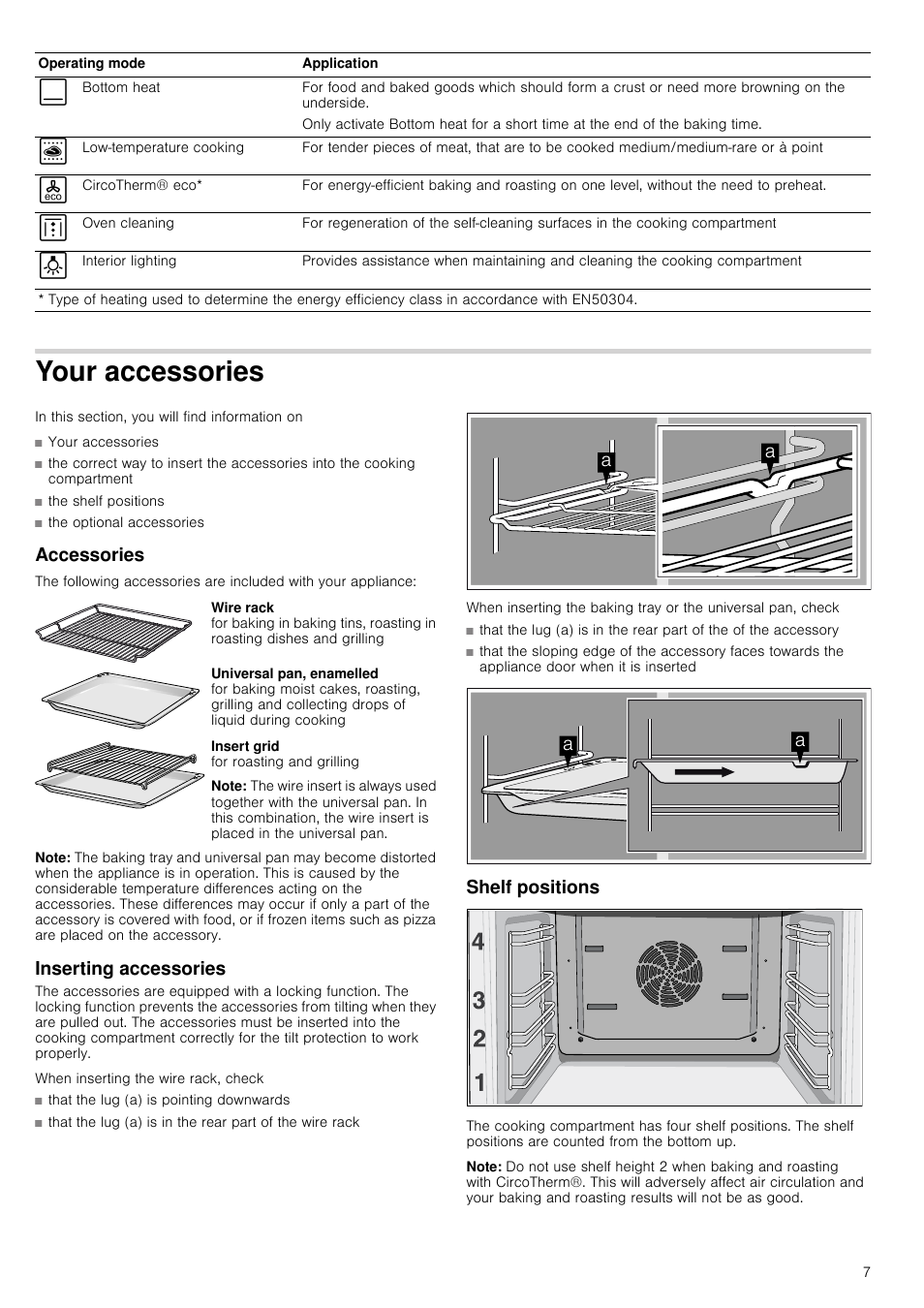 Your accessories, Accessories, Note | Inserting accessories, Shelf positions | Neff B45E52N3GB User Manual | Page 7 / 32