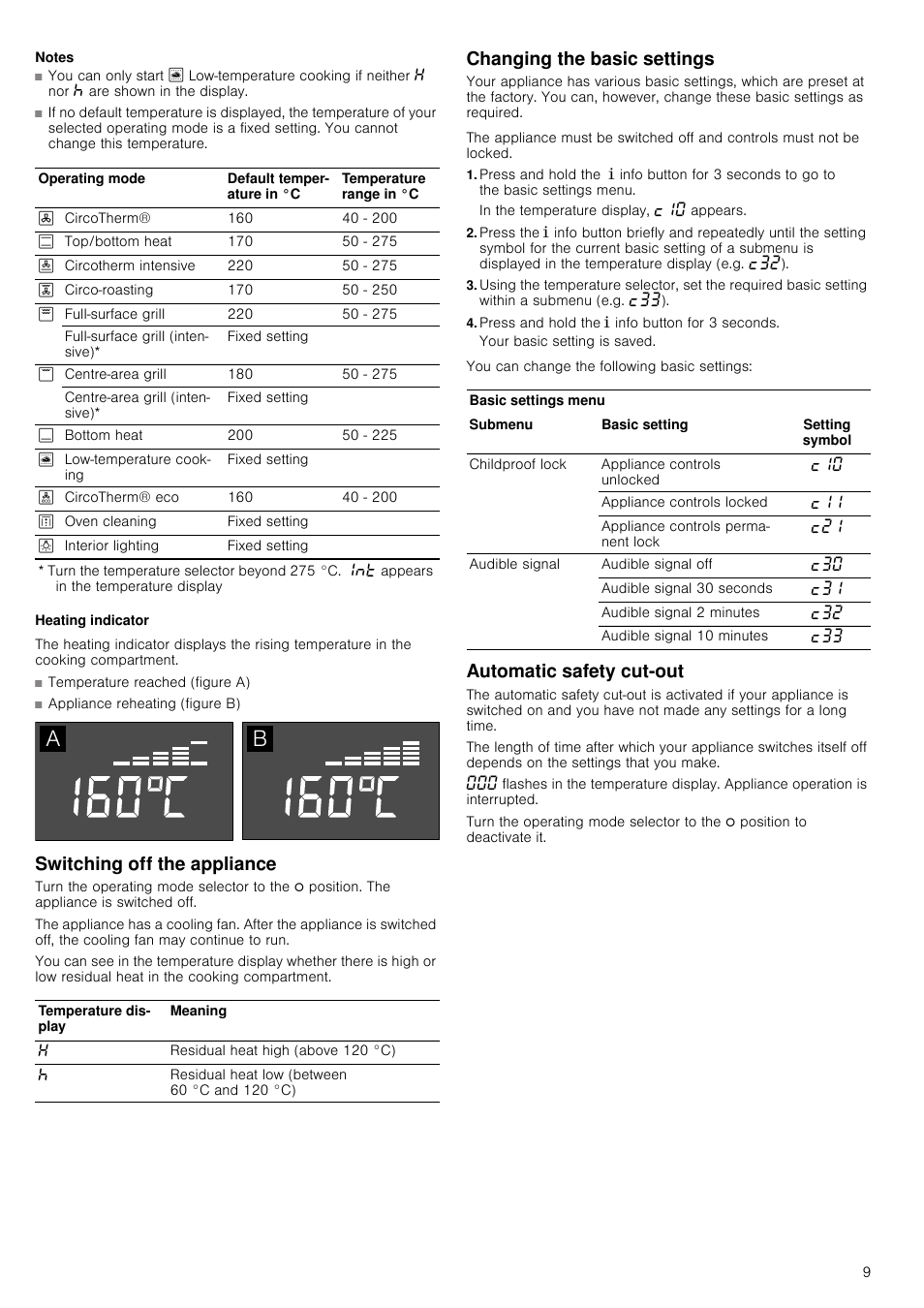 Notes, Heating indicator, Switching off the appliance | Changing the basic settings, Press and hold the ± info button for 3 seconds, Automatic safety cut-out | Neff B45E52N3GB User Manual | Page 9 / 32