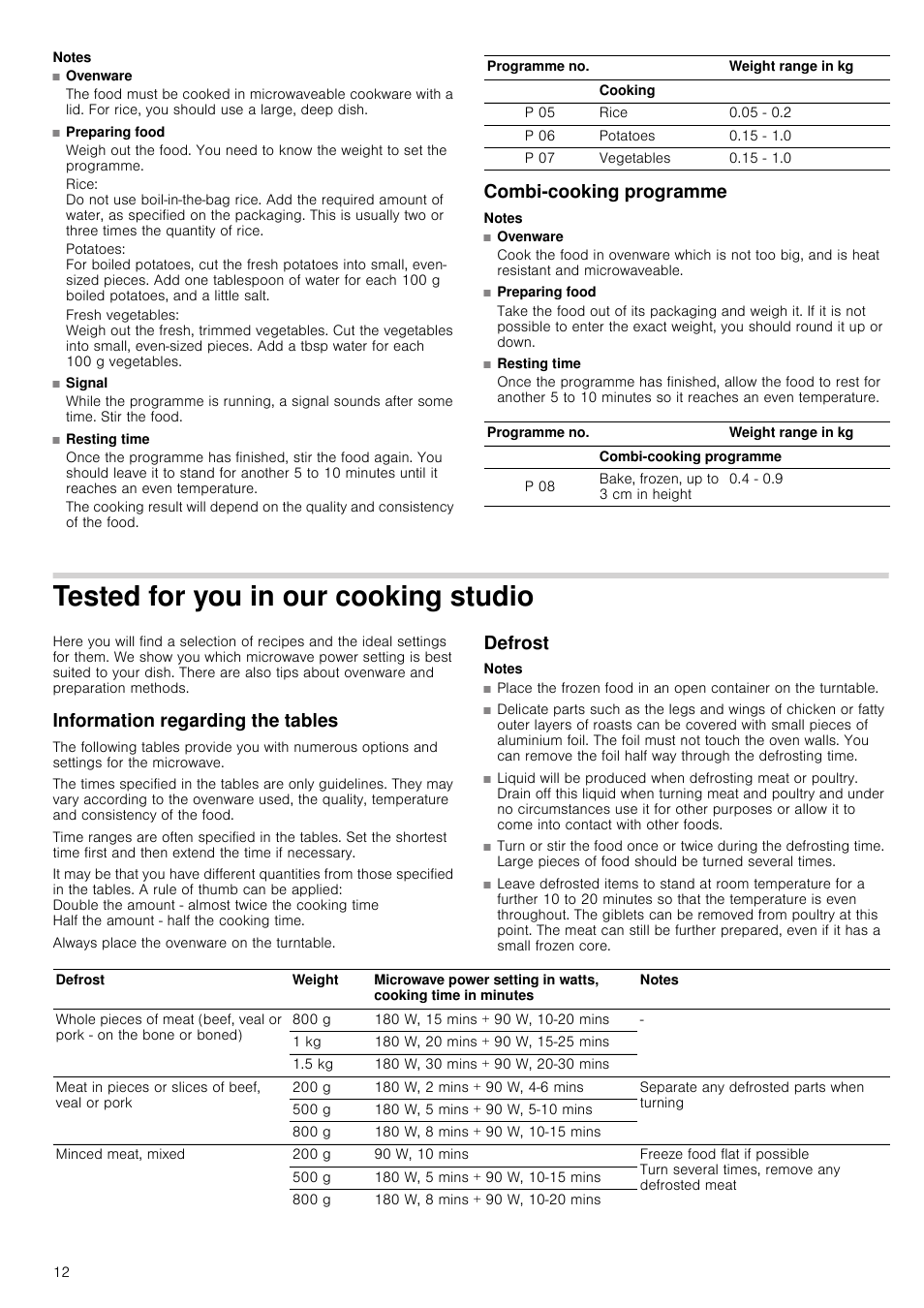 Notes, Combi­cooking programme, Tested for you in our cooking studio | Information regarding the tables, Defrost, Cooking programme | Neff H12GE60S0G User Manual | Page 12 / 16