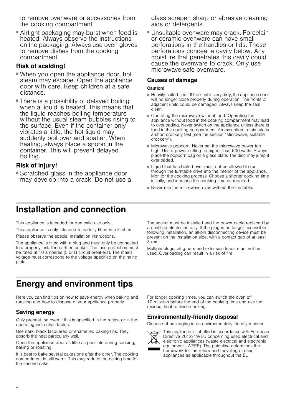 Risk of burns, Risk of scalding, Risk of injury | Causes of damage, Caution, Heavily soiled seal, Operating the microwave without food, Microwave popcorn, Installation and connection, Energy and environment tips | Neff H12GE60S0G User Manual | Page 4 / 16