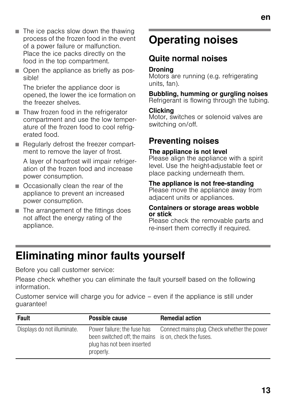 Operating noises, Quite normal noises, Droning | Bubbling, humming or gurgling noises, Clicking, Preventing noises, The appliance is not level, The appliance is not free-standing, Containers or storage areas wobble or stick, Eliminating minor faults yourself | Neff G4344X7GB User Manual | Page 13 / 17