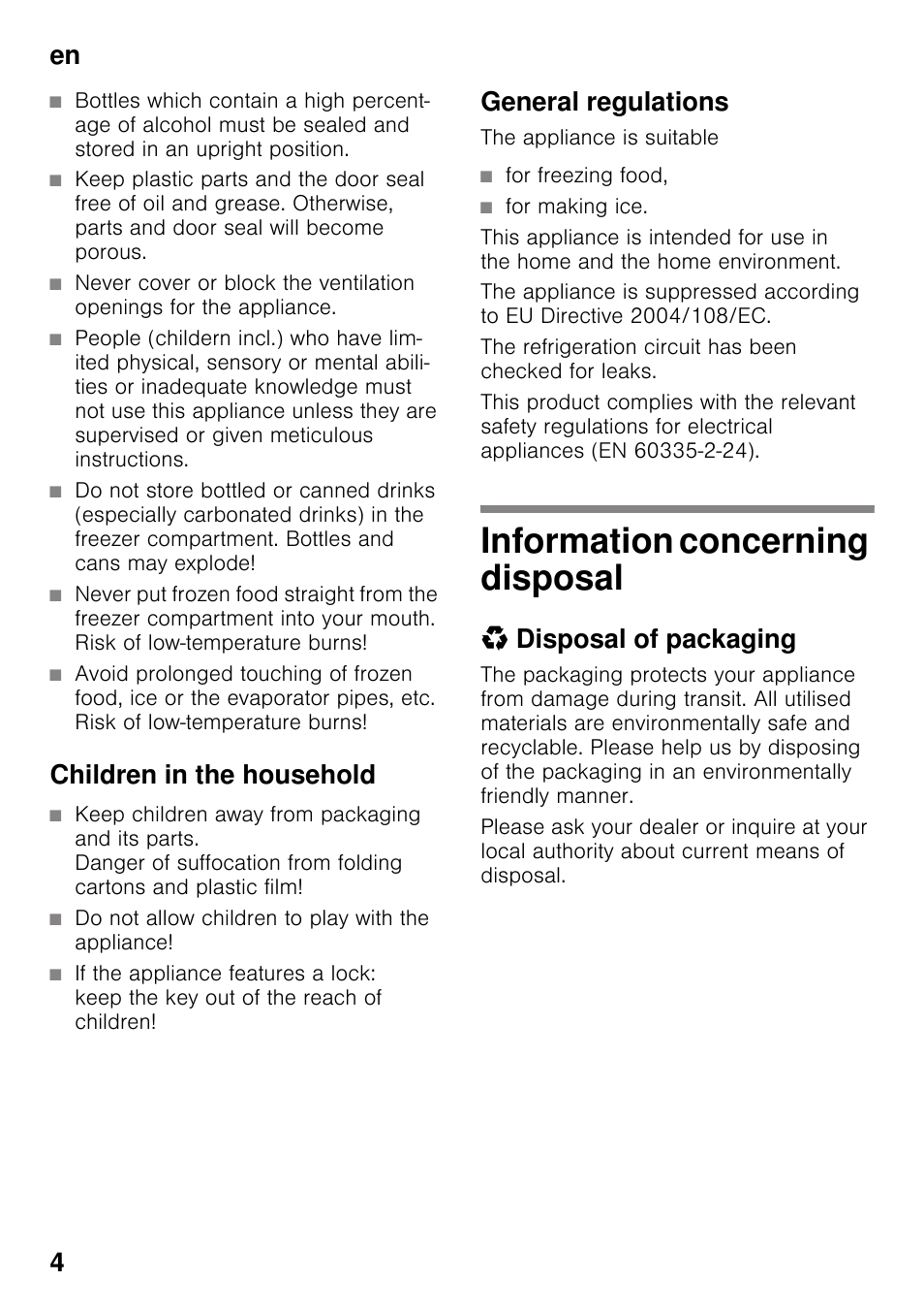 Children in the household, General regulations, Information concerning disposal | Disposal of packaging, En 4 | Neff G4344X7GB User Manual | Page 4 / 17