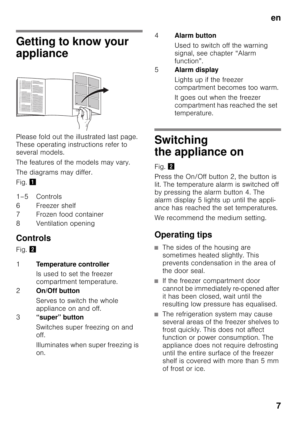 Getting to know your appliance, Controls, Switching the appliance on | Operating tips, En 7 | Neff G4344X7GB User Manual | Page 7 / 17