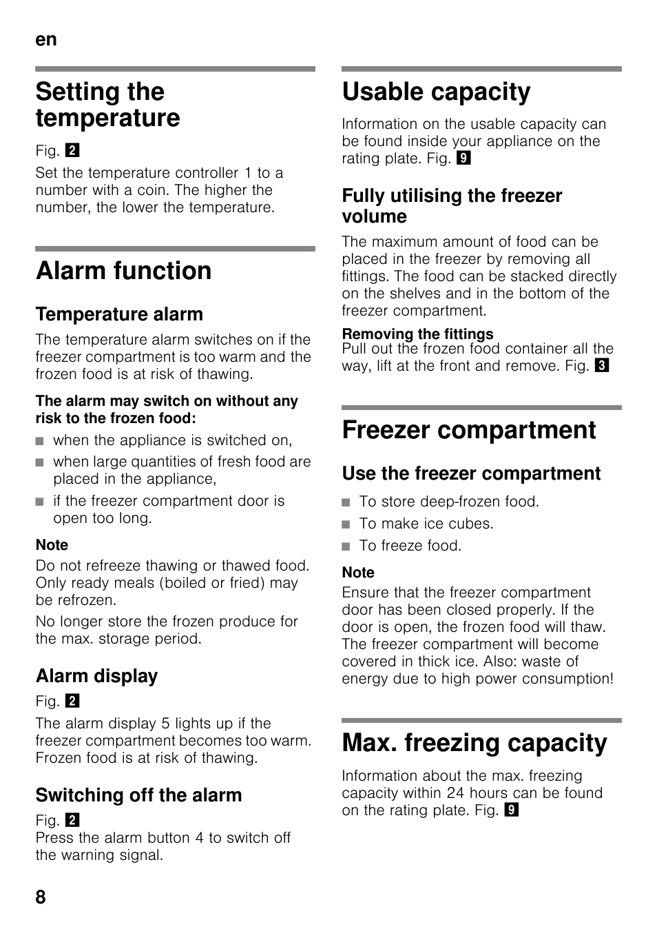 Setting the temperature, Alarm function, Temperature alarm | Alarm display, Switching off the alarm, Usable capacity, Fully utilising the freezer volume, Removing the fittings, Freezer compartment, Use the freezer compartment | Neff G4344X7GB User Manual | Page 8 / 17