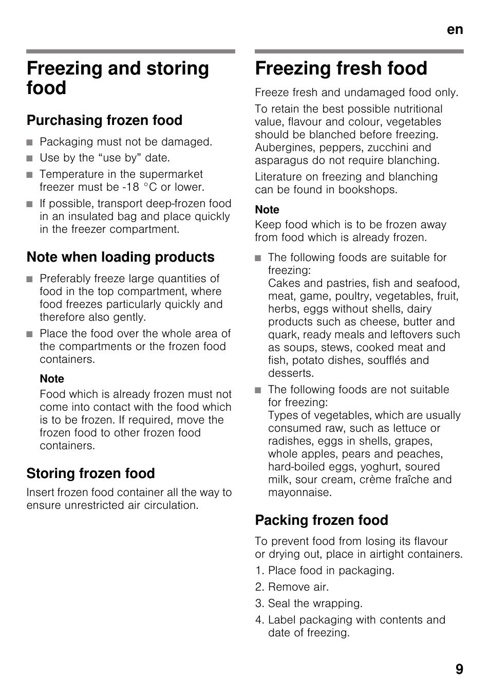 Freezing and storing food, Purchasing frozen food, Note when loading products | Storing frozen food, Freezing fresh food, Packing frozen food, Freezing and storing food freezing fresh food, En 9 | Neff G4344X7GB User Manual | Page 9 / 17