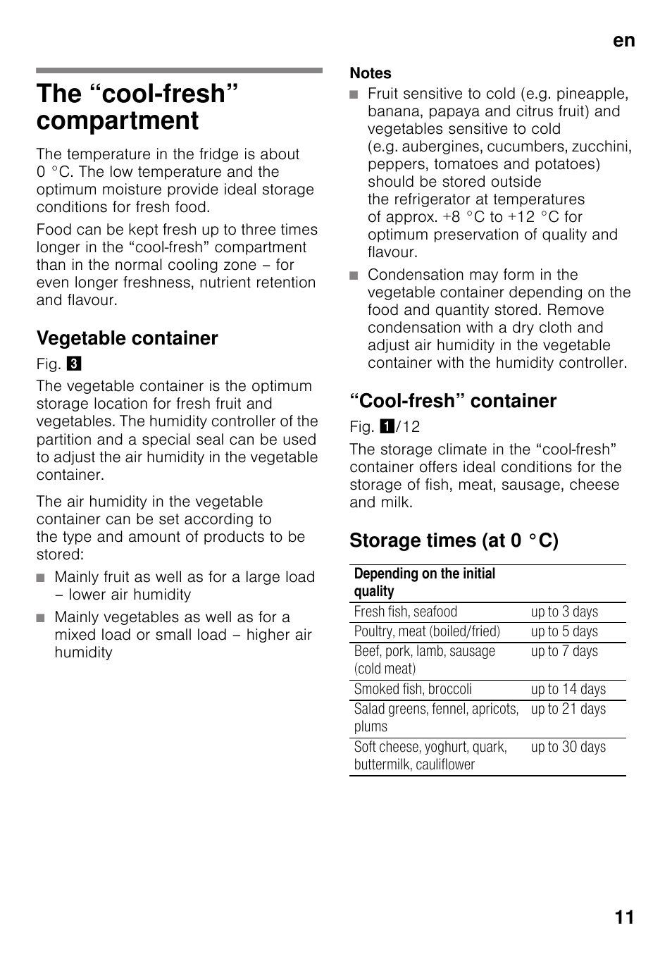 The “cool-fresh” compartment, Vegetable container, Cool-fresh” container | Storage times (at 0 °c), En 11 | Neff KI8413D30G User Manual | Page 11 / 22