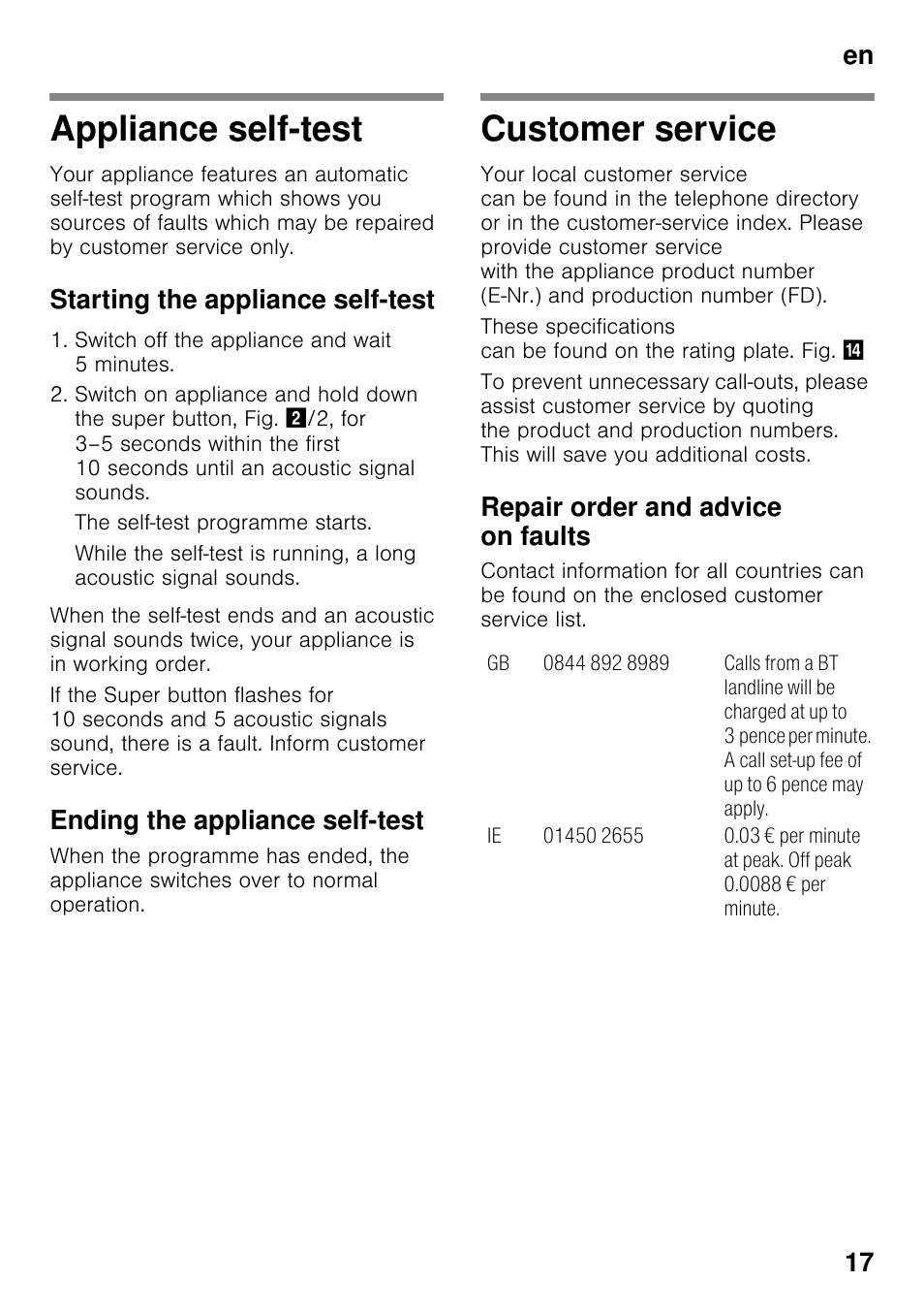 Appliance self-test, Starting the appliance self-test, Ending the appliance self-test | Customer service, Repair order and advice on faults, Appliance self-test customer service, En 17 | Neff KI8413D30G User Manual | Page 17 / 22