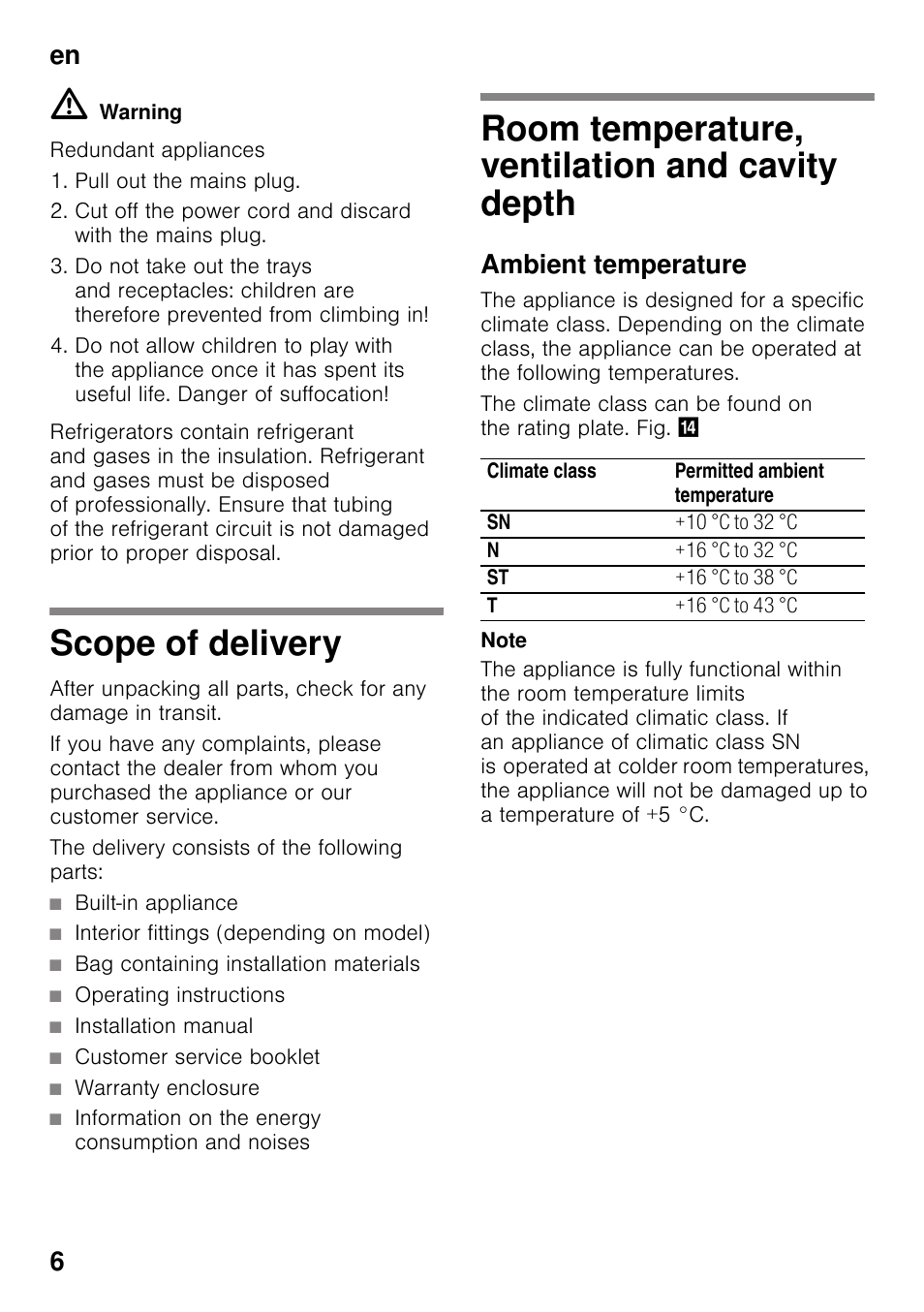 Scope of delivery, Room temperature, ventilation and cavity depth, Ambient temperature | Cavity depth, En 6 | Neff KI8413D30G User Manual | Page 6 / 22