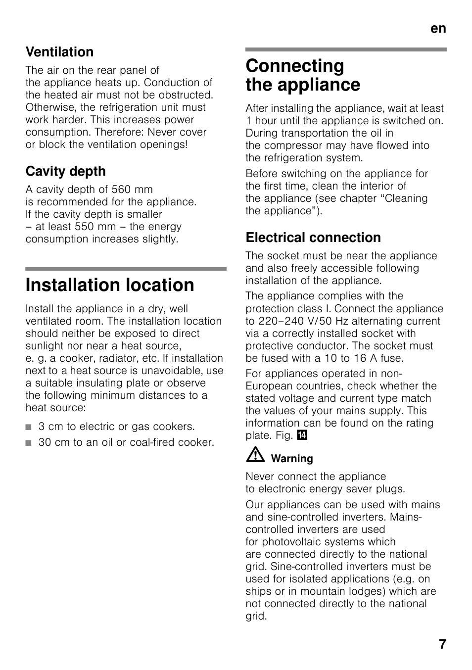 Ventilation, Cavity depth, Installation location | Connecting the appliance, Electrical connection, Installation location connecting the appliance, En 7 ventilation | Neff KI8413D30G User Manual | Page 7 / 22