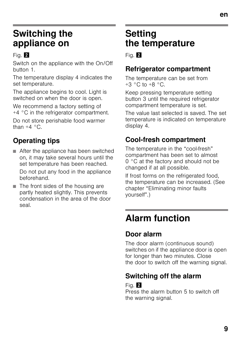 Switching the appliance on, Operating tips, Setting the temperature | Refrigerator compartment, Cool-fresh compartment, Alarm function, Door alarm, Switching off the alarm, En 9 | Neff KI8413D30G User Manual | Page 9 / 22