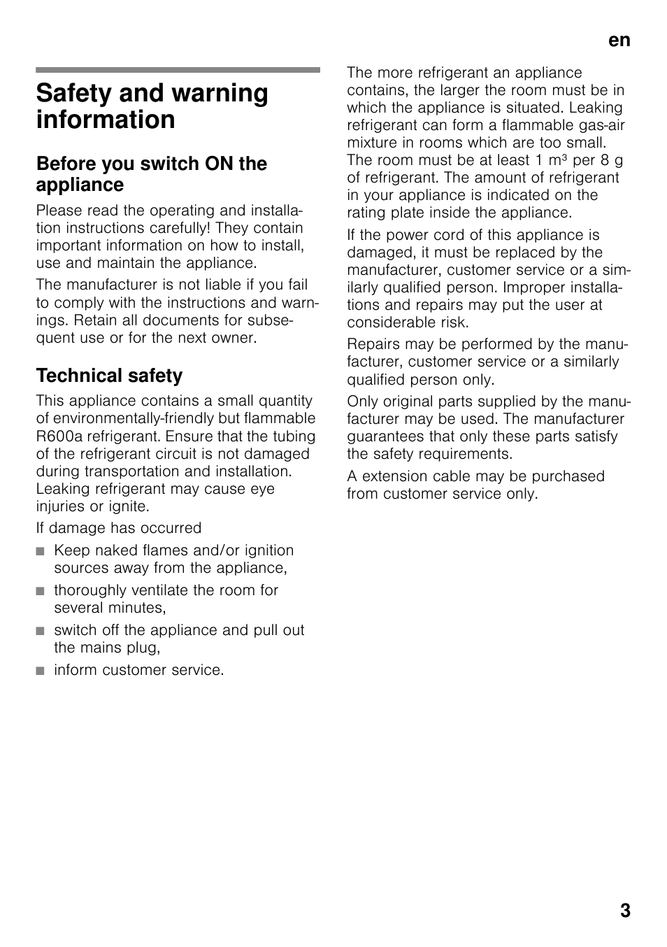 En table of contentsen instruction for use, Safety and warning information, Before you switch on the appliance | Technical safety, En 3 | Neff K4316X7GB User Manual | Page 3 / 18