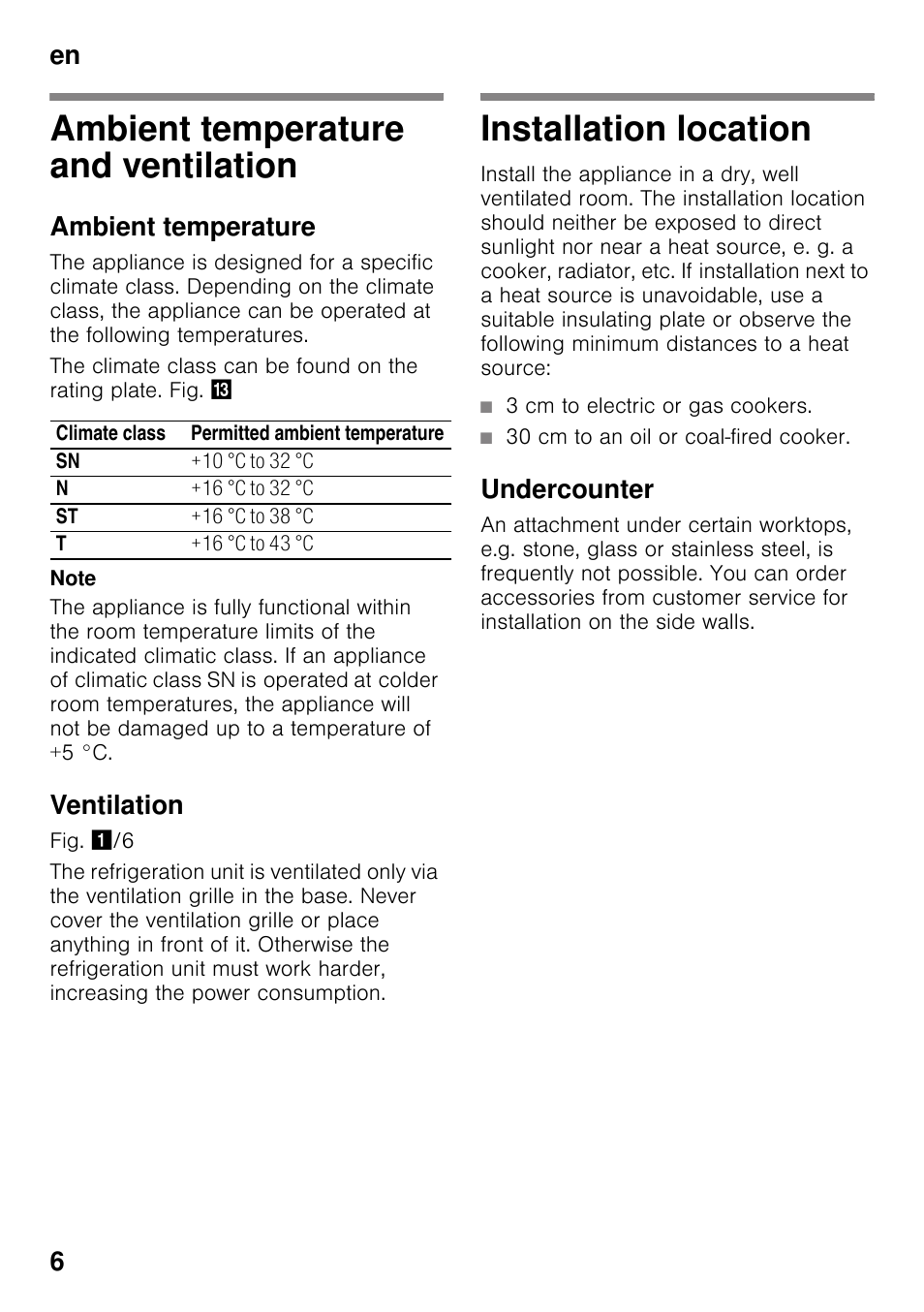 Ambient temperature and ventilation, Ambient temperature, Ventilation | Installation location, Undercounter, En 6 | Neff K4316X7GB User Manual | Page 6 / 18