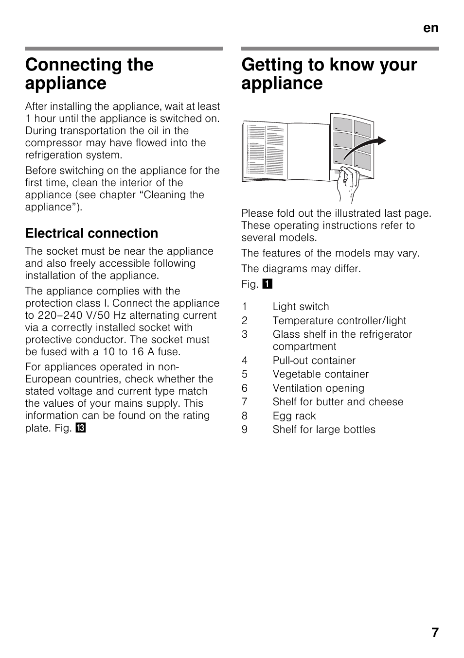 Connecting the appliance, Electrical connection, Getting to know your appliance | En 7 | Neff K4316X7GB User Manual | Page 7 / 18