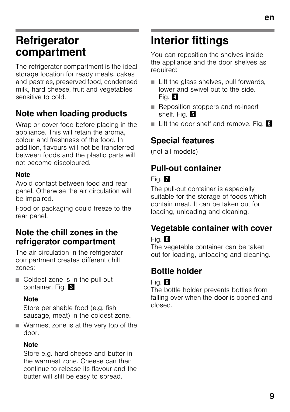 Refrigerator compartment, Note when loading products, Interior fittings | Special features, Pull-out container, Vegetable container with cover, Bottle holder, En 9 | Neff K4316X7GB User Manual | Page 9 / 18