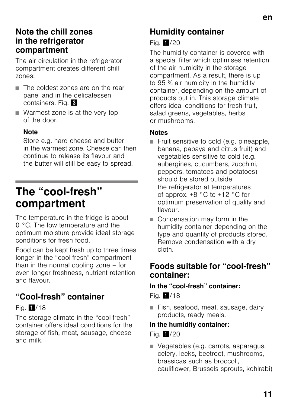 The “cool-fresh” compartment, Cool-fresh” container, Humidity container | Foods suitable for “cool-fresh” container | Neff K8315X0 User Manual | Page 11 / 23