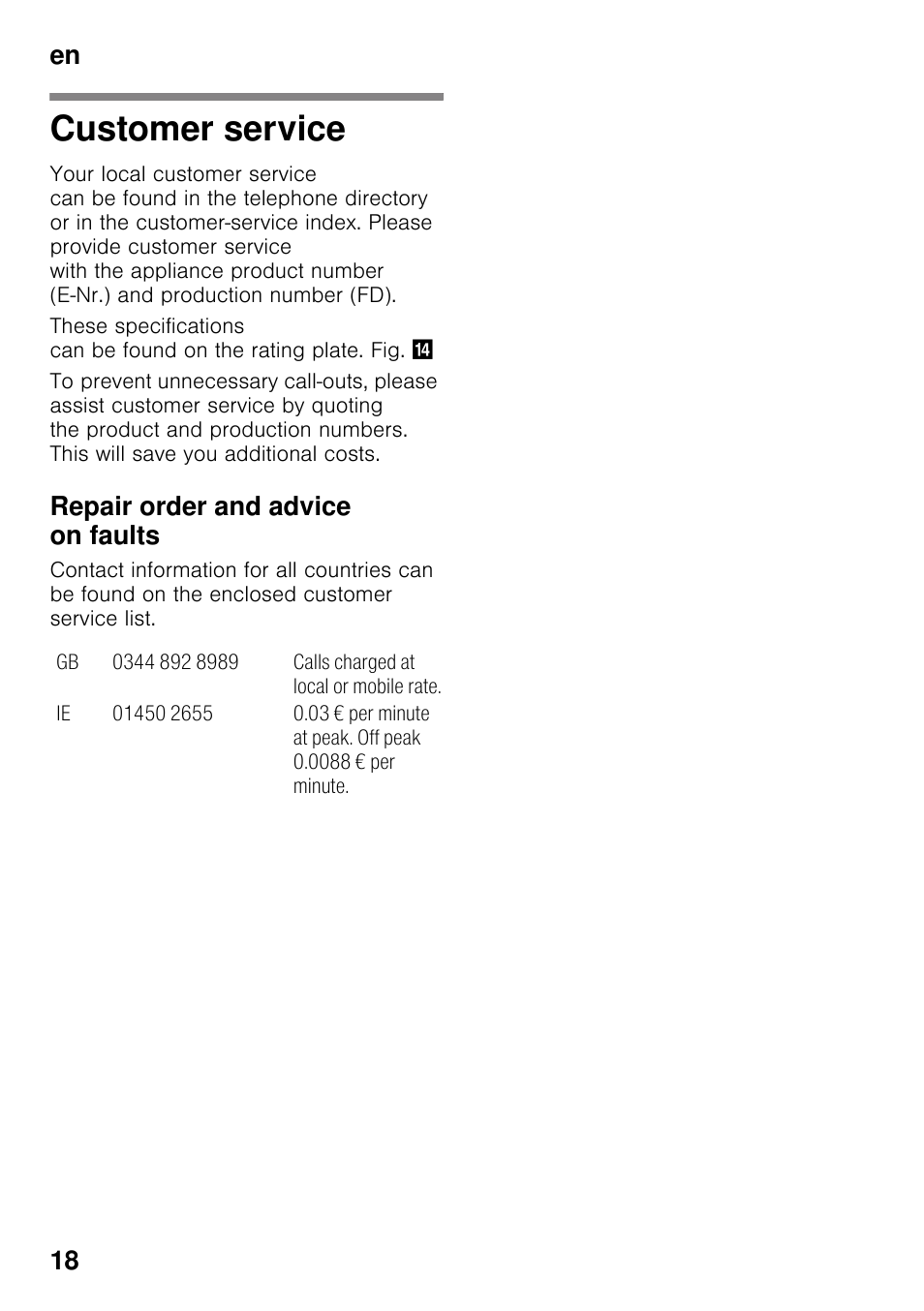 Customer service, Repair order and advice on faults, En 18 | Neff K8315X0 User Manual | Page 18 / 23