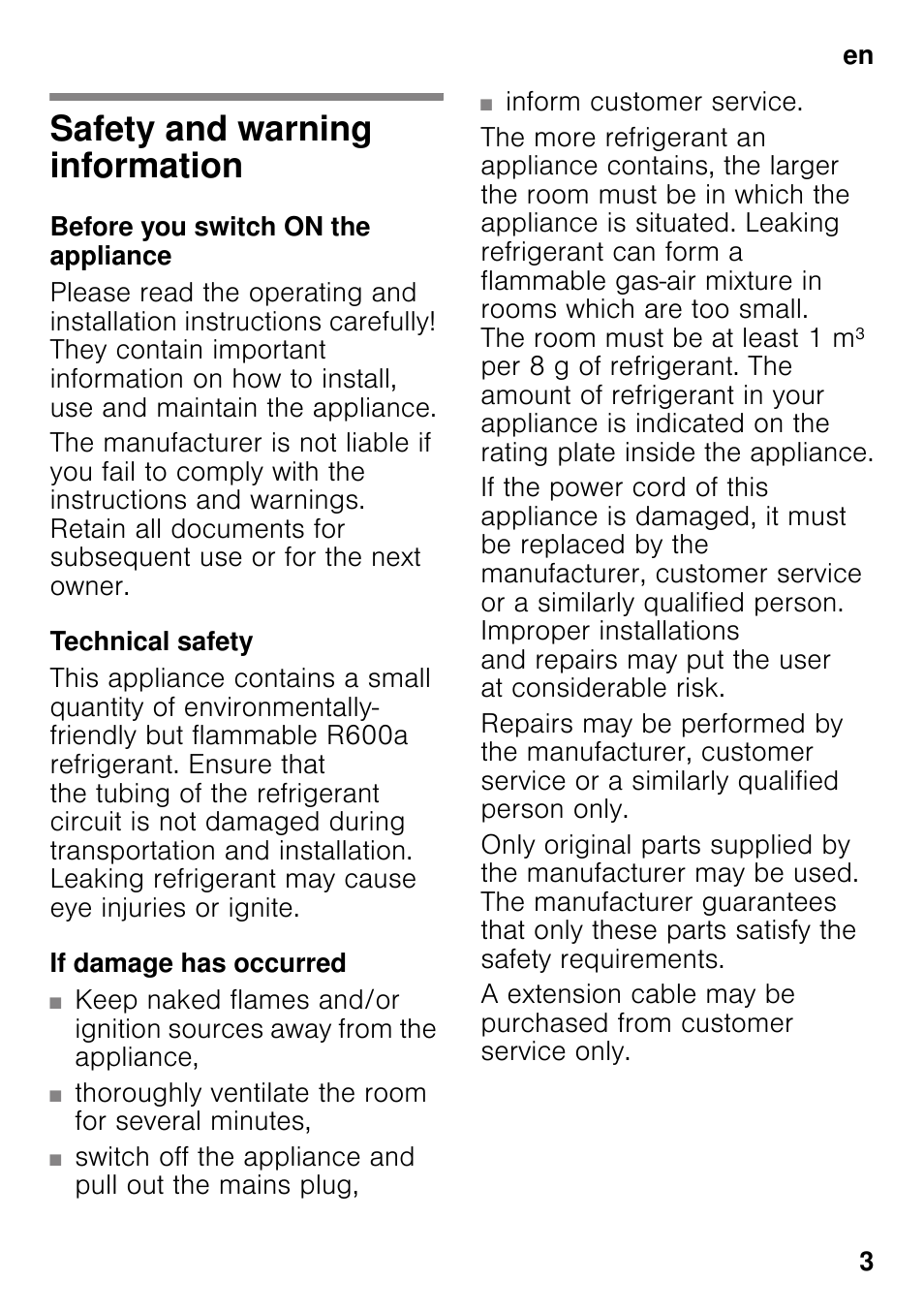 En table of contentsen instruction for use, Safety and warning information, Before you switch on the appliance | Technical safety, If damage has occurred | Neff K8315X0 User Manual | Page 3 / 23