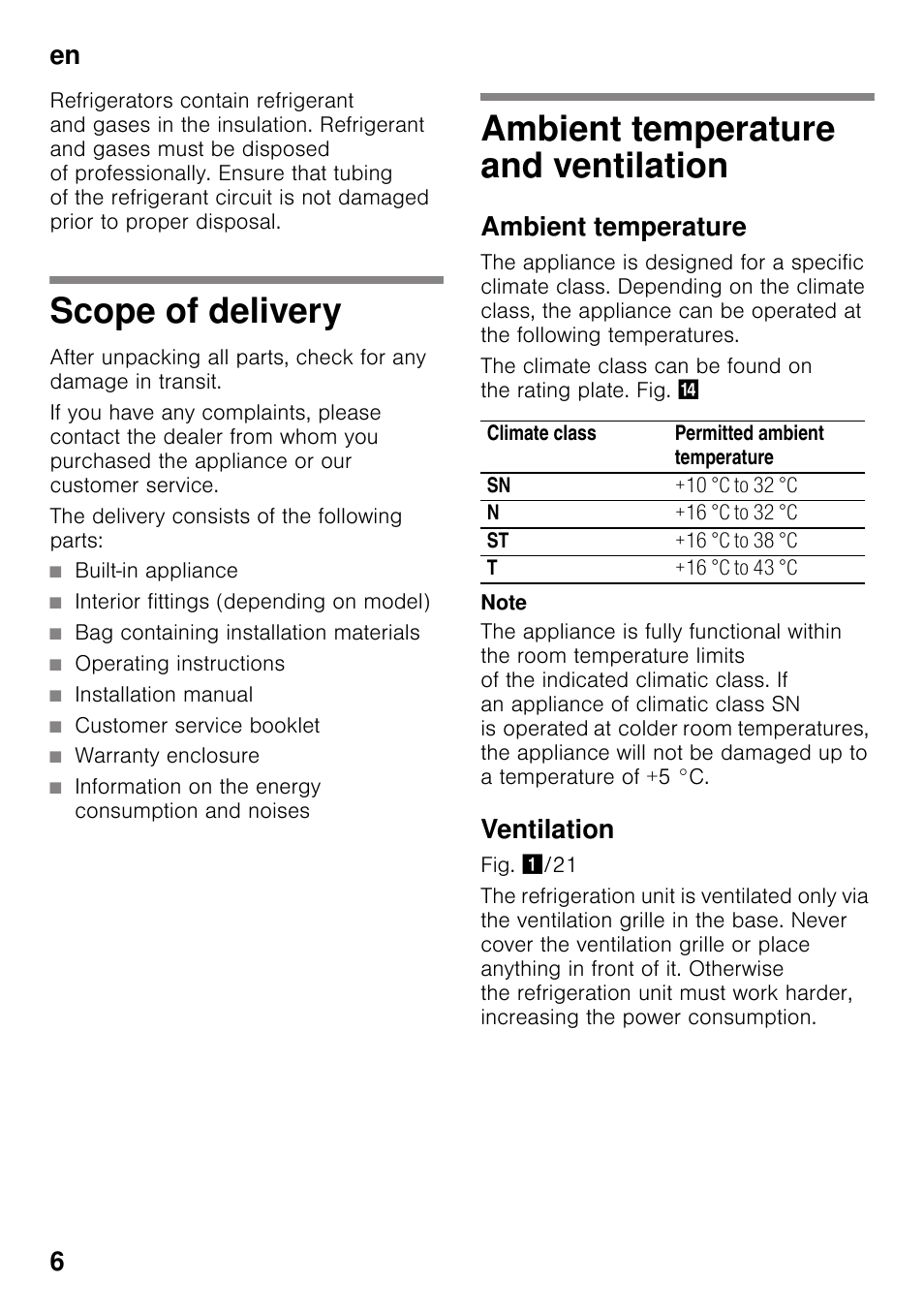 Scope of delivery, Ambient temperature and ventilation, Ambient temperature | Ventilation, En 6 | Neff K8315X0 User Manual | Page 6 / 23