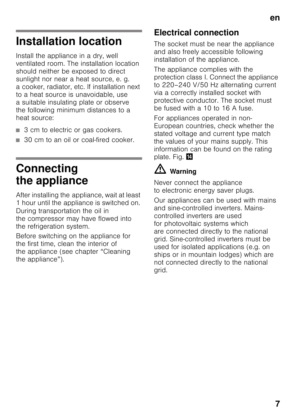 Installation location, Connecting the appliance, Electrical connection | Installation location connecting the appliance, En 7 | Neff K8315X0 User Manual | Page 7 / 23