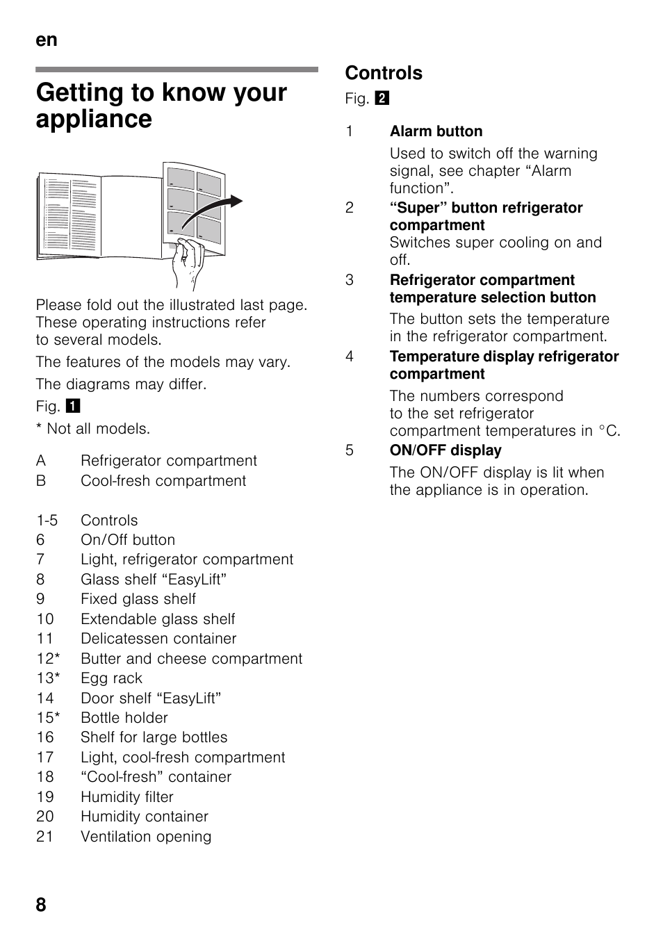 Getting to know your appliance, Controls, En 8 | Neff K8315X0 User Manual | Page 8 / 23